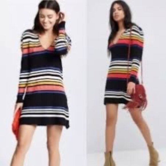 Free People Striped L/S Sweater Dress | Coastal Grandmother Dark Academia Prep M - Picture 5 of 15